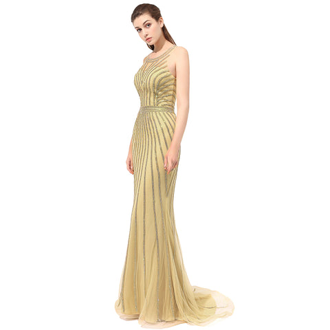 Exquisite Sleeveless Gold Mermaid Gown with Sequined Detailing Prom Dress,LX353