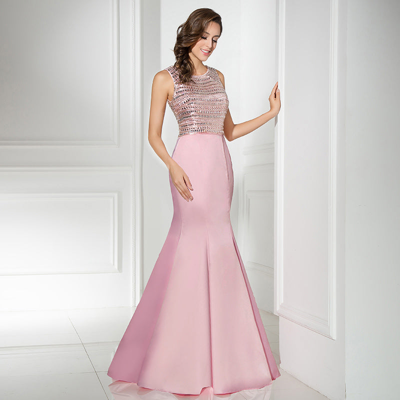 Stylish Sleeveless Pink Mermaid Gown with Embellished Bodice Prom Dress,LX299