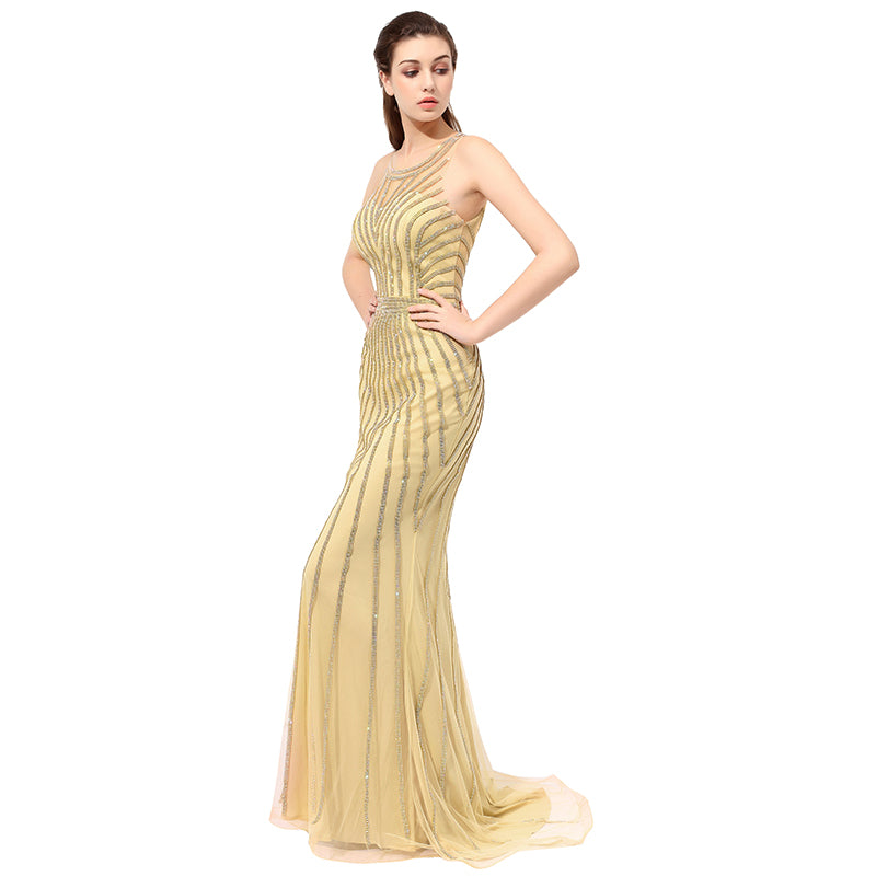 Exquisite Sleeveless Gold Mermaid Gown with Sequined Detailing Prom Dress,LX353