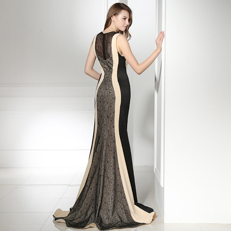 Chic Sleeveless Mermaid Gown with Black and Beige Paneling and Lace Detailing Prom Dress,LX363