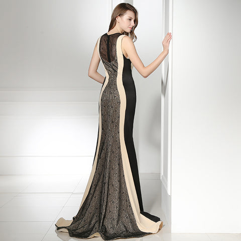 Chic Sleeveless Mermaid Gown with Black and Beige Paneling and Lace Detailing Prom Dress,LX363