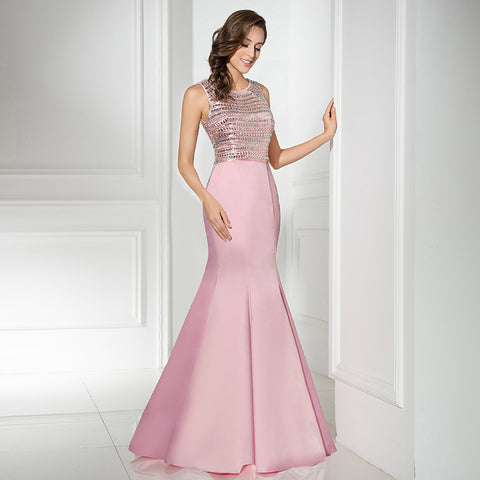 Stylish Sleeveless Pink Mermaid Gown with Embellished Bodice Prom Dress,LX299
