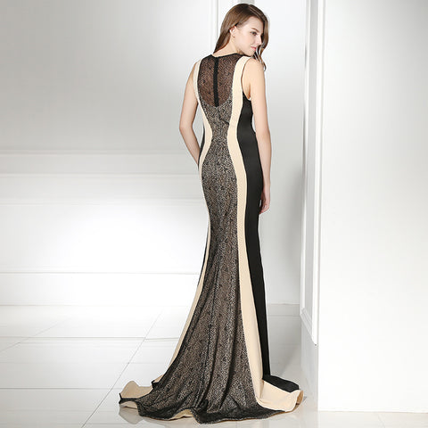 Chic Sleeveless Mermaid Gown with Black and Beige Paneling and Lace Detailing Prom Dress,LX363