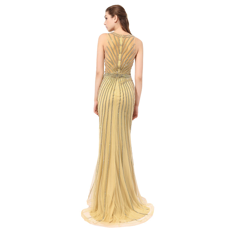 Exquisite Sleeveless Gold Mermaid Gown with Sequined Detailing Prom Dress,LX353