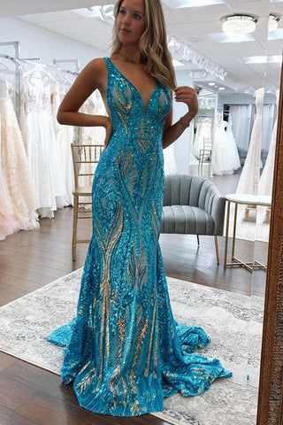Charming Mermaid V Neck Blue Gold Sequins Long Prom Dresses