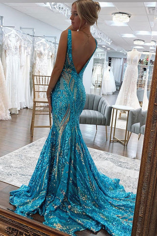 Charming Mermaid V Neck Blue Gold Sequins Long Prom Dresses