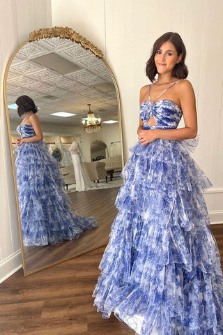 Flowy Halter Blue Floral Printed Ruffle Tiered Long Prom Dresses