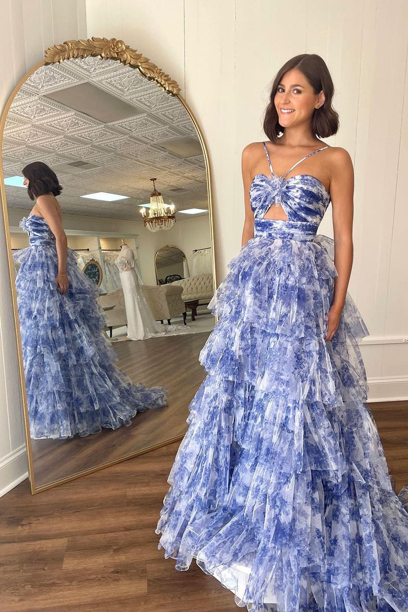 Flowy Halter Blue Floral Printed Ruffle Tiered Long Prom Dresses