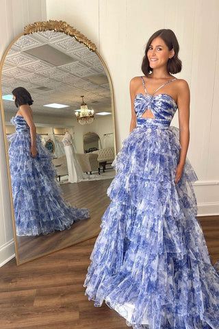 Flowy Halter Blue Floral Printed Ruffle Tiered Long Prom Dresses