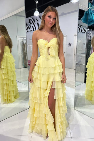 Cute A Line Sweetheart KeyHole Yellow Chiffon Long Prom Dress