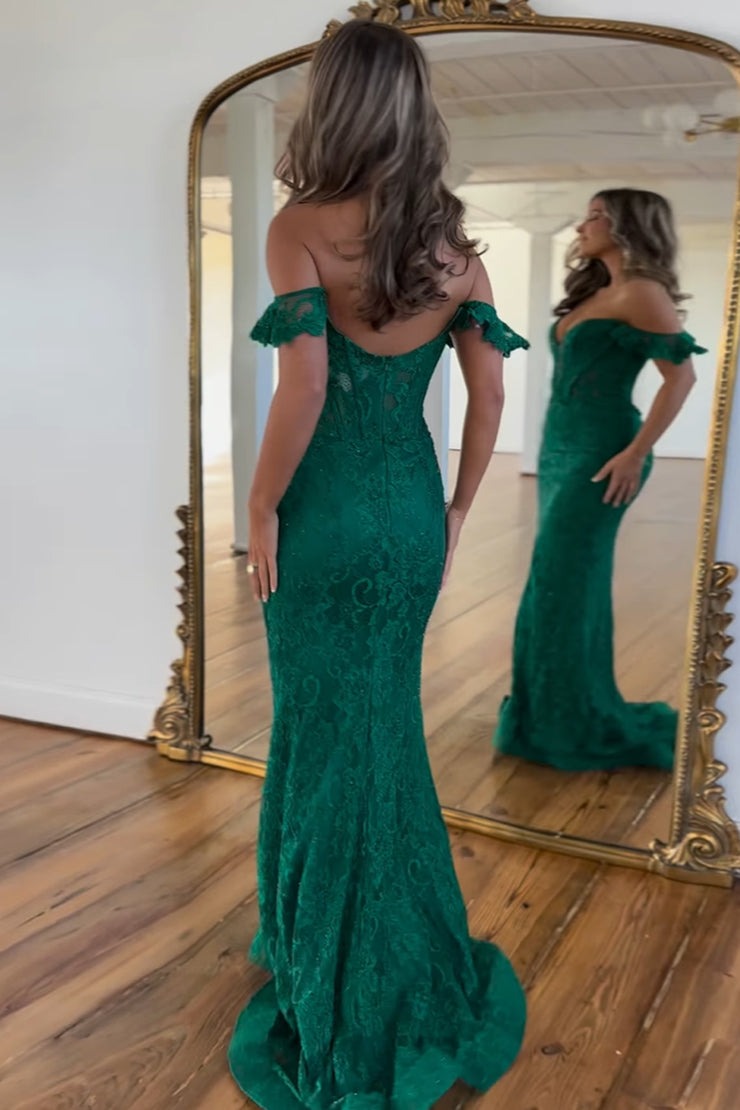 Elegant Dark Green Mermaid Sweetheart Lace Long Prom Dresses with Beading