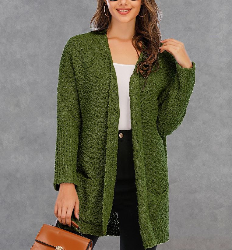 Winter new plus size knitted double pocket cardigan mid length sweater