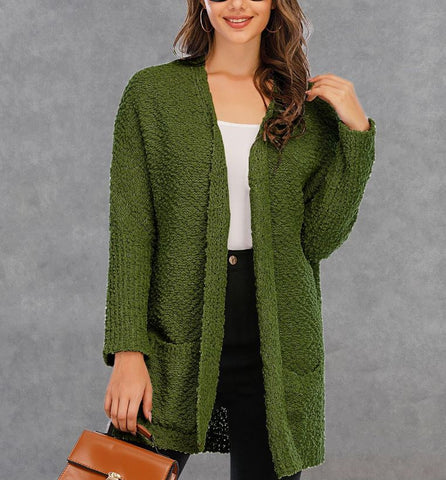 Winter new plus size knitted double pocket cardigan mid length sweater