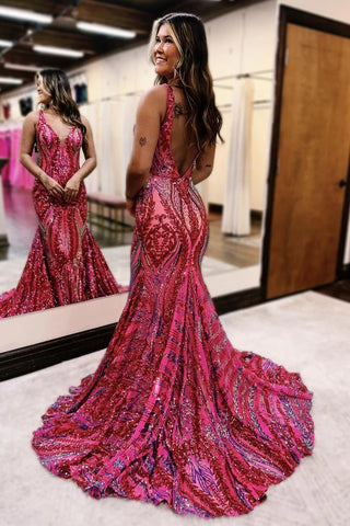 Cute Mermaid Fuchsia Red Sequins Lace Long Prom Dresses