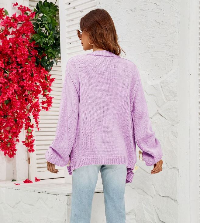 Large size flower cardigan lantern sleeve knitted sweater