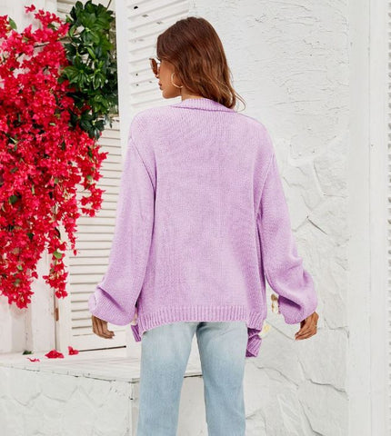 Large size flower cardigan lantern sleeve knitted sweater