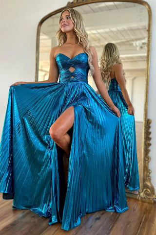 Cute A Line Sweetheart Purple Metallic Satin Pleat Prom Dresses