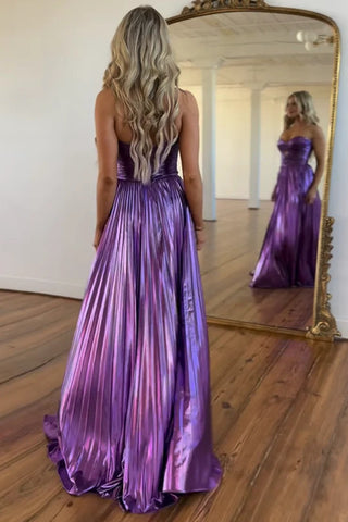 Cute A Line Sweetheart Purple Metallic Satin Pleat Prom Dresses