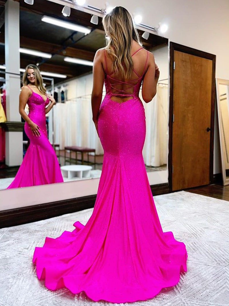 Beaded Satin Sparkly Mermaid V Neck Long Prom Dress