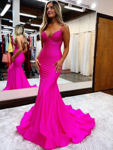 Beaded Satin Sparkly Mermaid V Neck Long Prom Dress