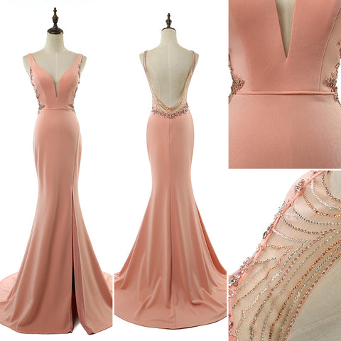 Gorgeous Peach Sleeveless Mermaid Gown with Deep V - Neck, Open Back and Embellished Detailing Prom Dress,LX465
