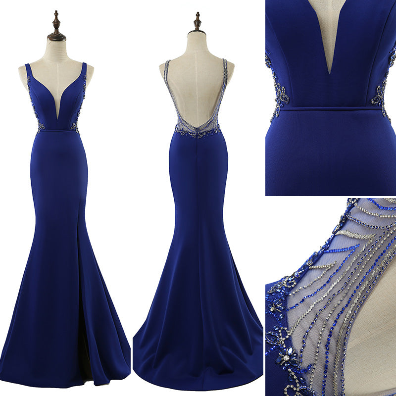 Gorgeous Peach Sleeveless Mermaid Gown with Deep V - Neck, Open Back and Embellished Detailing Prom Dress,LX465