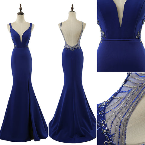 Gorgeous Peach Sleeveless Mermaid Gown with Deep V - Neck, Open Back and Embellished Detailing Prom Dress,LX465