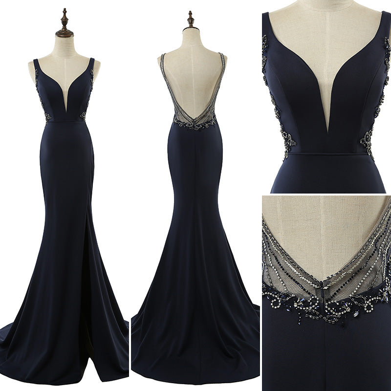 Gorgeous Peach Sleeveless Mermaid Gown with Deep V - Neck, Open Back and Embellished Detailing Prom Dress,LX465