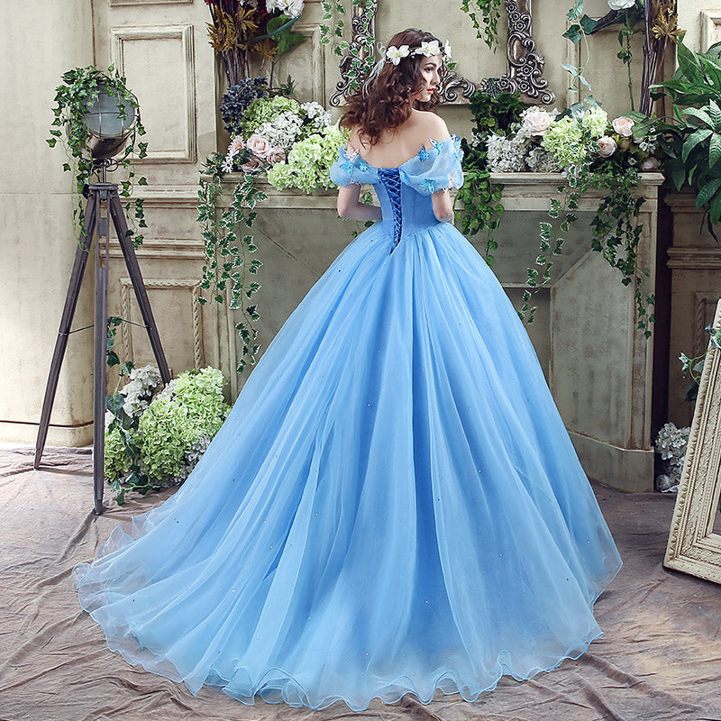 Enchanting Off - Shoulder Light Blue Ball Gown with Fluffy Tulle Prom Dress ,SQS037