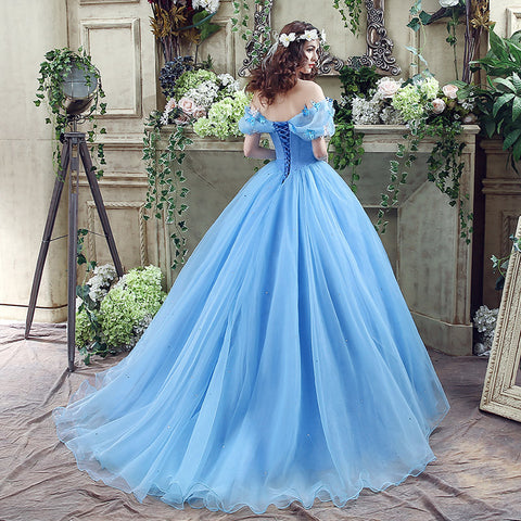 Enchanting Off - Shoulder Light Blue Ball Gown with Fluffy Tulle Prom Dress ,SQS037
