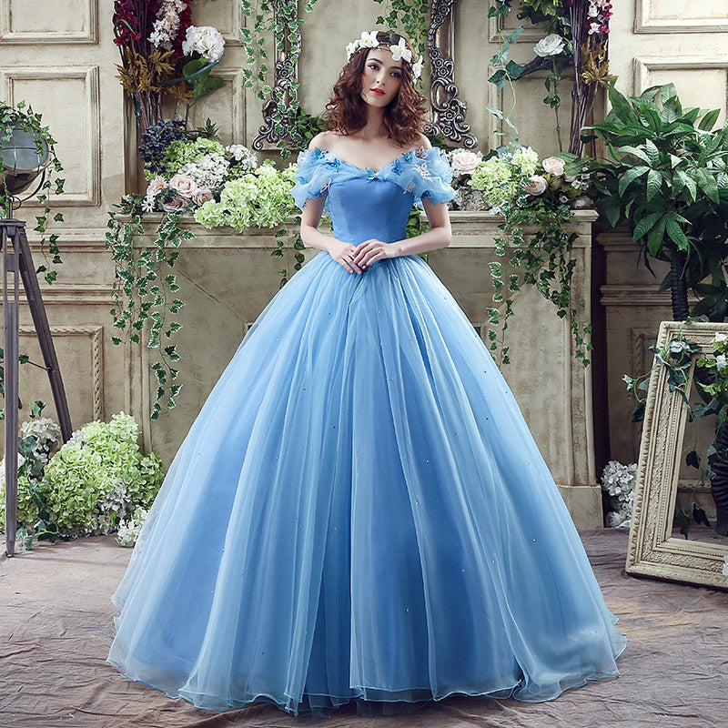 Enchanting Off - Shoulder Light Blue Ball Gown with Fluffy Tulle Prom Dress ,SQS037