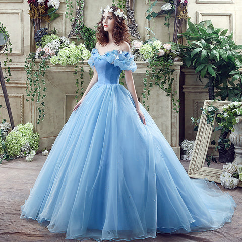 Enchanting Off - Shoulder Light Blue Ball Gown with Fluffy Tulle Prom Dress ,SQS037