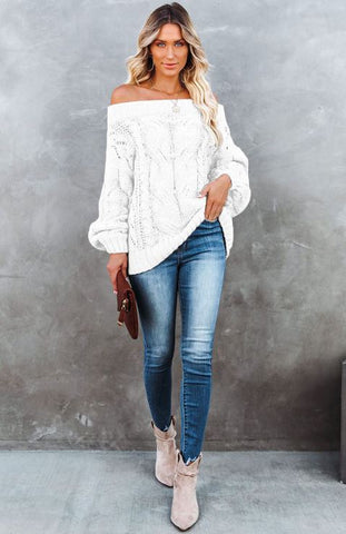 Off shoulder oversized loose one neck solid color pullover sweater