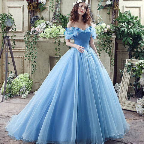 Enchanting Off - Shoulder Light Blue Ball Gown with Fluffy Tulle Prom Dress ,SQS037