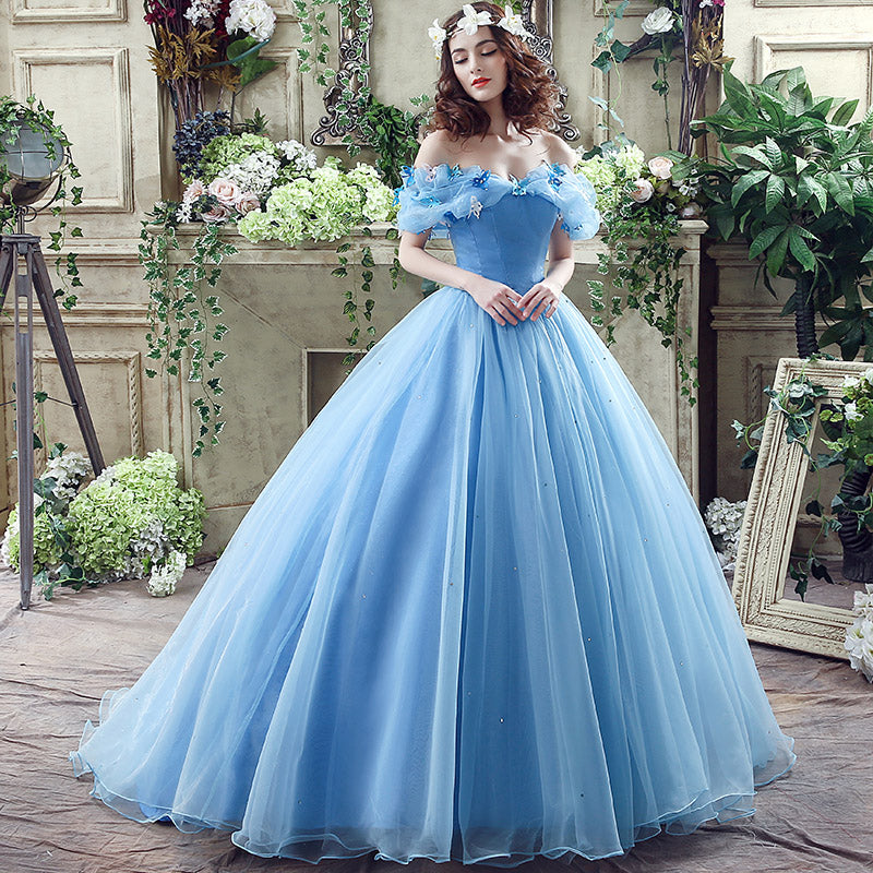 Enchanting Off - Shoulder Light Blue Ball Gown with Fluffy Tulle Prom Dress ,SQS037