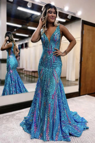 Cute Mermaid Fuchsia Red Sequins Lace Long Prom Dresses