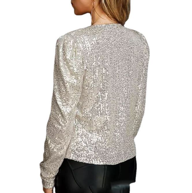 Fashionable round neck solid color sequin short style casual hundred Put on a coat