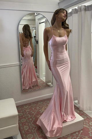 Charming Mermaid Scoop Neck Pink Satin Long Prom Dresses