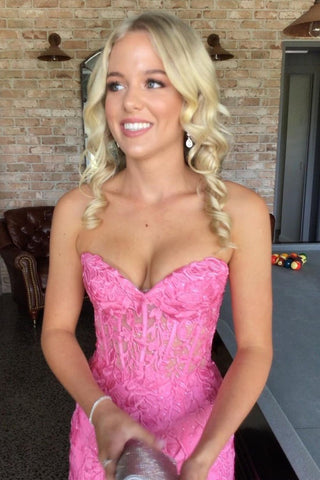 Cute Pink Strapless Lace Appliques Long Mermaid Prom Dress with Slit