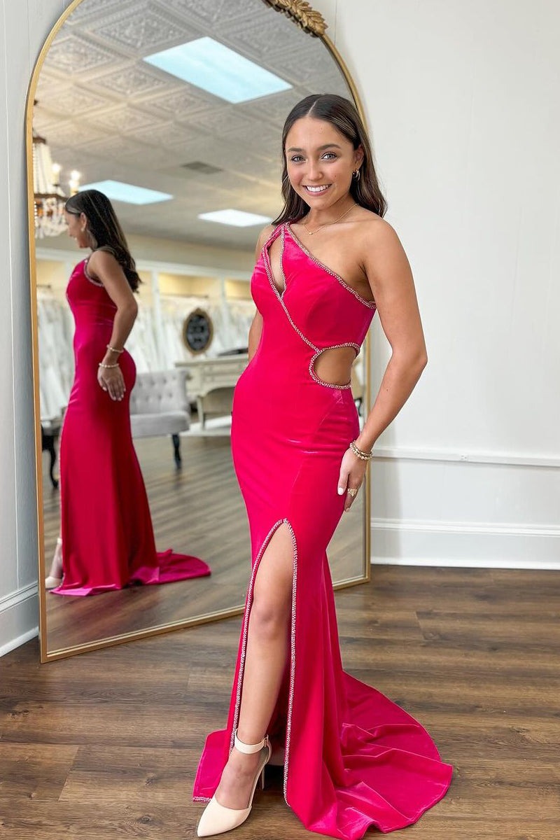 Mermaid Red One Shoulder Velvet Long Prom Dresses with Slit