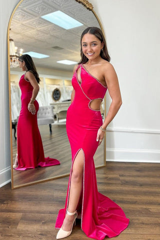 Mermaid Red One Shoulder Velvet Long Prom Dresses with Slit