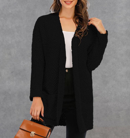 Winter new plus size knitted double pocket cardigan mid length sweater