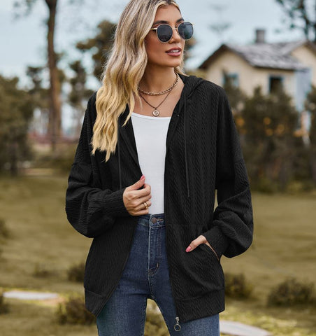 Autumn and winter new solid color pocket long sleeved loose hooded sweatshirt jacket