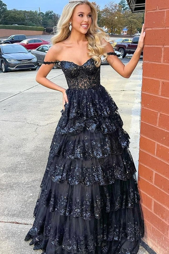 Off the Shoulder Princess Sequined Lace Prom Dresses