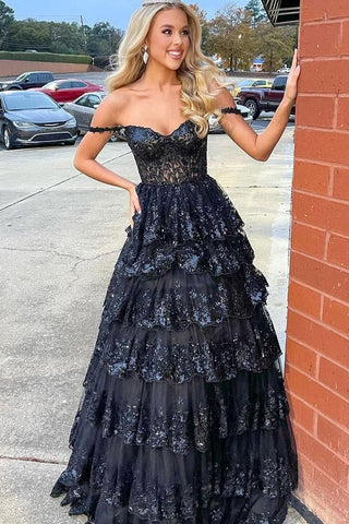 Off the Shoulder Princess Sequined Lace Prom Dresses