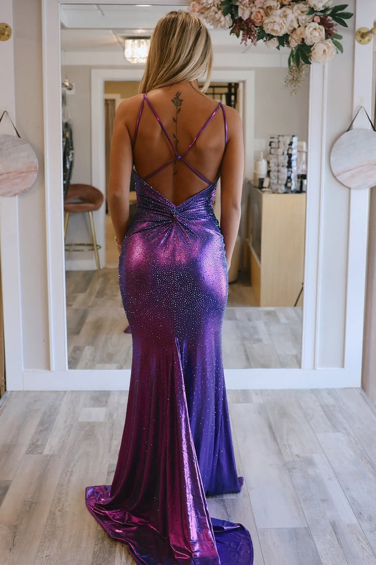Sparkly V Neck Purple Metallic Satin Mermaid Prom Dress with Hot Stone Beading