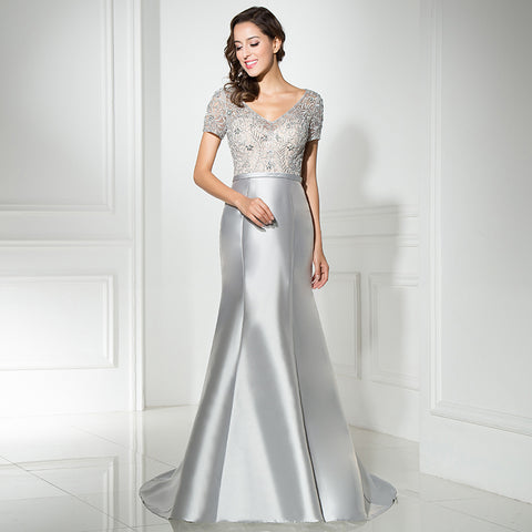 Elegant V - Neck Silver Mermaid Gown with Embroidered Short Sleeves Prom Dress,LX312