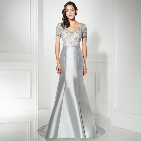 Elegant V - Neck Silver Mermaid Gown with Embroidered Short Sleeves Prom Dress,LX312