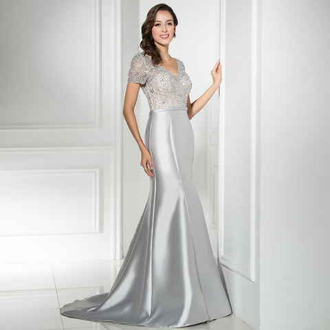 Elegant V - Neck Silver Mermaid Gown with Embroidered Short Sleeves Prom Dress,LX312