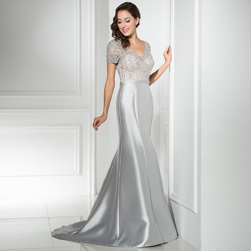Elegant V - Neck Silver Mermaid Gown with Embroidered Short Sleeves Prom Dress,LX312